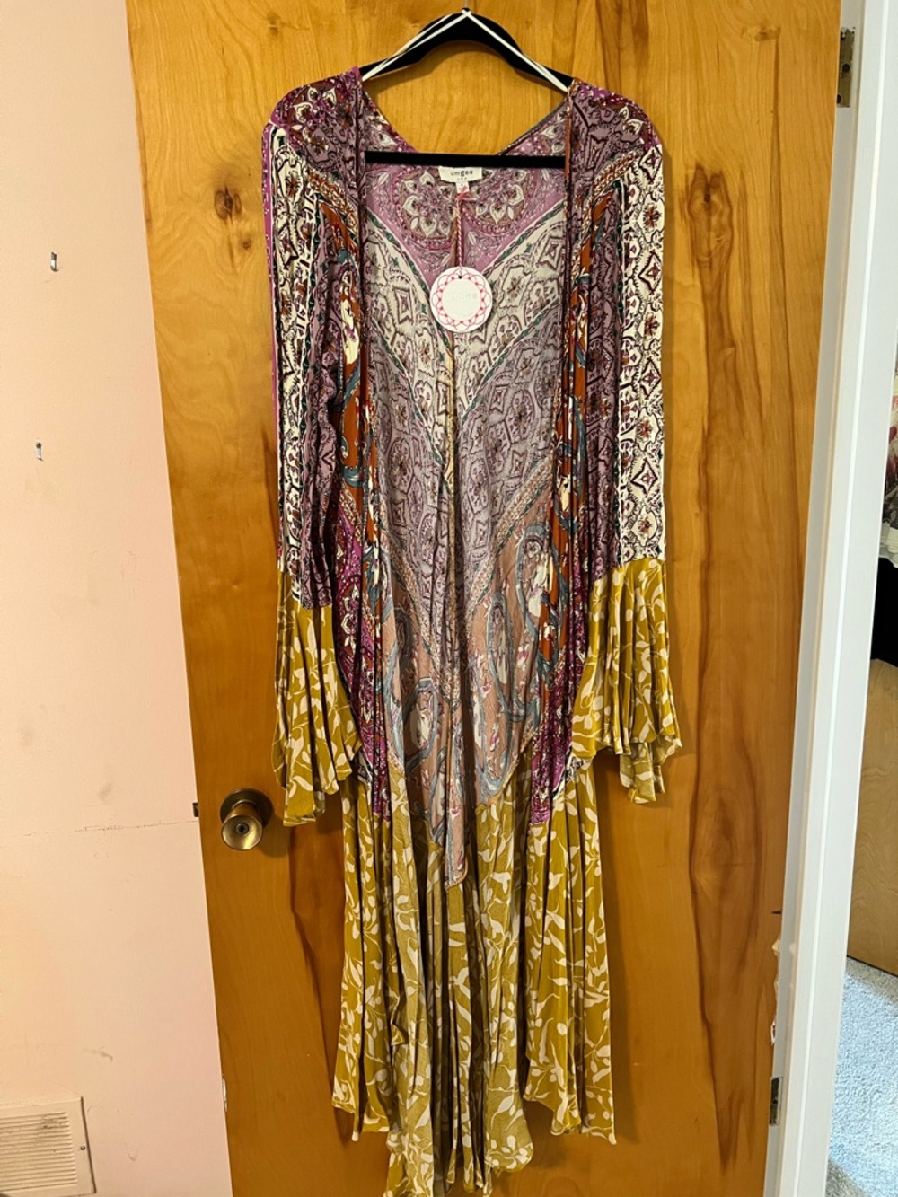 Umgee Mixed-Print Long Sleeve Maxi Duster Kimono in Purple and Mustard